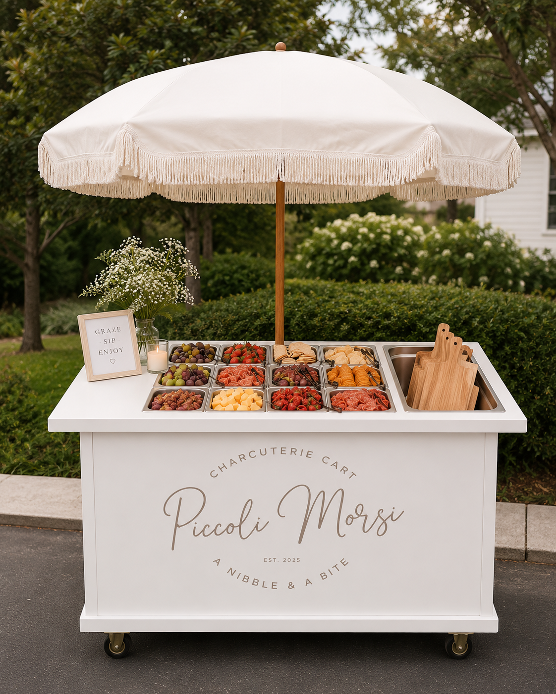 Piccoli Morsi white charcuterie cart stocked with cheeses, meats and fruit under an umbrella